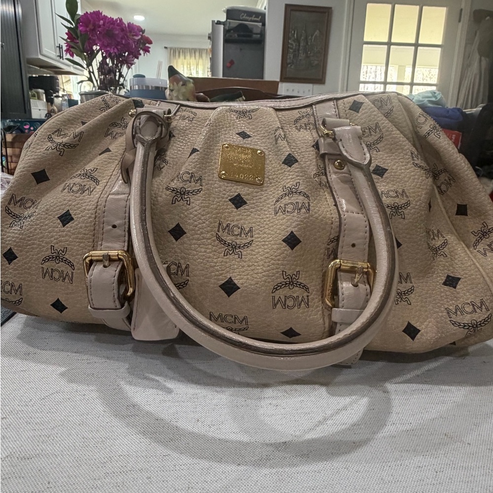 MCM Beige Logo Hobo Bag with Gold Hardware